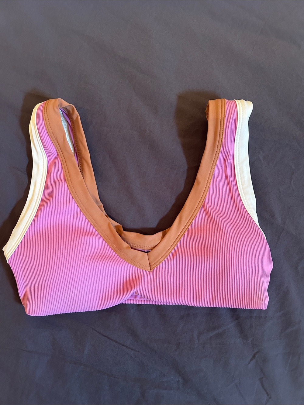 l*space Ribbed V-Neck Bikini Top in Pink with Brown and Cream Trim